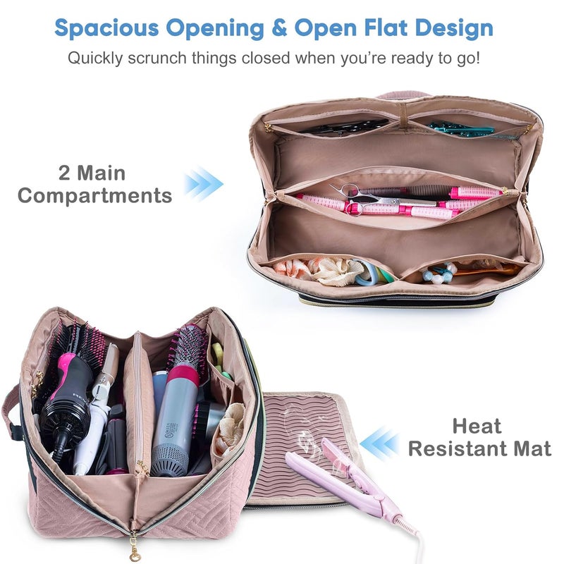 ELCUPA Large Hair Tools Travel Bag with Iron Mat - 2in1 Hair Tools Organizer for Hair Dryer Brush, Flat Irons, Straighteners, Curling Irons, Hair Bag, Makeup Bag, Cosmetic Bag for Travel Essentials - Image 2